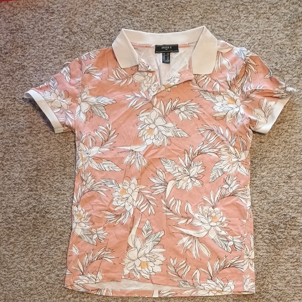 Floral Polo Shirt in Peach with White Collar